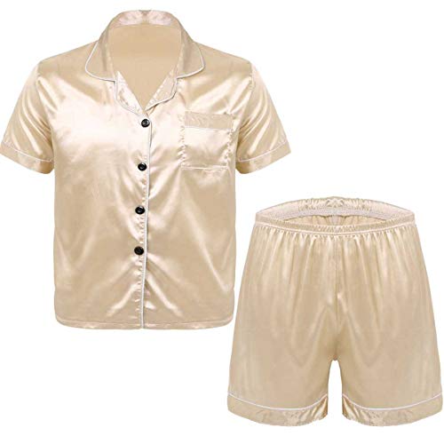 FEESHOW Herren Satin Nachtwäsche Pyjama Sommer Schlafanzug Kurzarm Shirt Oberteil Und Shorts Leicht Hausanzug Set Champagne XXXL von FEESHOW