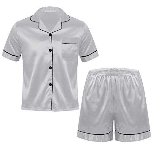 FEESHOW Herren Satin Nachtwäsche Pyjama Sommer Schlafanzug Kurzarm Shirt Oberteil Und Shorts Leicht Hausanzug Set Silbergrau XXL von FEESHOW