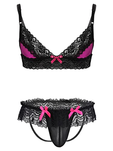 FEESHOW Herren Sissy Dessous Reizwäsche Ouvert Unterwäsche Set Transparent Spitze BH G-String Und Rock Männer Verführerische Nachtwäsche Rosa_E L von FEESHOW