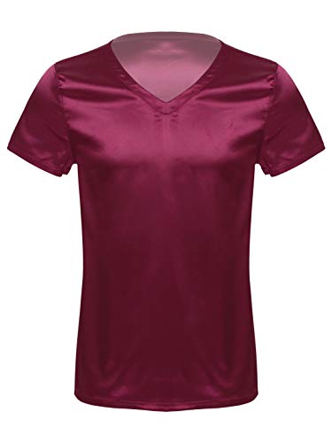 FEESHOW Herren V-Ausschnitt Kurzarm Lose Satin T-Shirt Pyjamas Schlafanzug Tops Shirt Shorty Nachtwäsche Oberteil Nightwear Einfarbig Burgundy M von FEESHOW