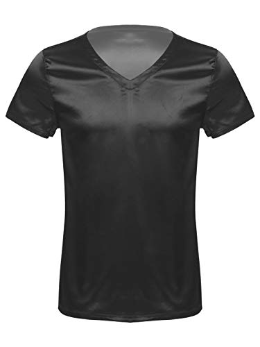 FEESHOW Herren V-Ausschnitt Kurzarm Lose Satin T-Shirt Pyjamas Schlafanzug Tops Shirt Shorty Nachtwäsche Oberteil Nightwear Einfarbig Schwarz L von FEESHOW