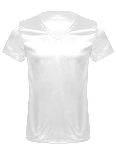 FEESHOW Herren V-Ausschnitt Kurzarm Lose Satin T-Shirt Pyjamas Schlafanzug Tops Shirt Shorty Nachtwäsche Oberteil Nightwear Einfarbig Weiß L von FEESHOW