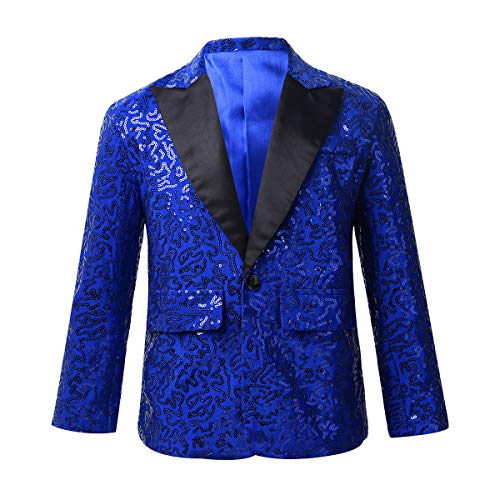 FEESHOW Jungen Anzugjacke Glitzer Festlich Hochzeit Smoking Blazer Kinder Glitzer Pailletten Jacke Mit Reverskragen Slim Fit Blau 122-128/7-8 Jahre von FEESHOW