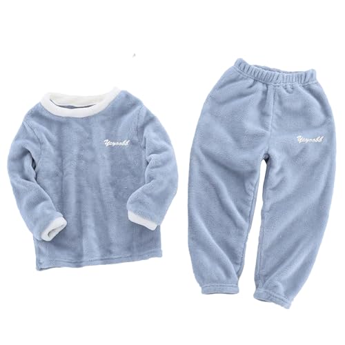 FEESHOW Kinder Flauschiger Schlafanzug Pyjama Set Jungen Mädchen Zweiteiler Winter Warme Fleece Nachtwäsche Hauskleidung Blau D 110-116/5-6 Jahre von FEESHOW