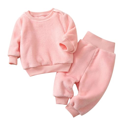 FEESHOW Kinder Flauschiger Schlafanzug Pyjama Set Jungen Mädchen Zweiteiler Winter Warme Fleece Nachtwäsche Hauskleidung Rosa 98-104 von FEESHOW