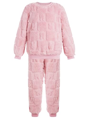 FEESHOW Kinder Jungen Mädchen Flauschiger Schlafanzug Fleece Pyjama Set Zweiteiler Winter Warme Nachtwäsche Hauskleidung Rosa 80-86 von FEESHOW