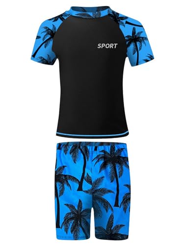 FEESHOW Jungen Badeanzug 2er Set Rashguard Kurzarm Shirt Badeshorts Kinder UV Schutz Bademode Strandmode Swimsuit Blau 140-152/10-12 Jahre von FEESHOW