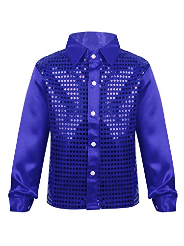 FEESHOW Kinder Jungen Pailletten Hemd Glitzer Disco Shirt Top Langarm Kinder Tanz Kostüm Jazz Party Performance Blau 152-164/12-14Jahre von FEESHOW