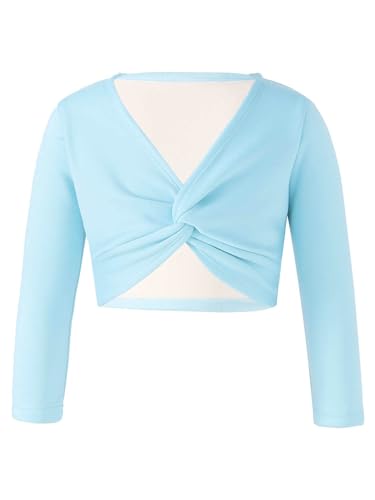 FEESHOW Kinder Mädchen Ballett Wickeljacke Langarm Wärme Samt Fleece Ballettjacke Gymnastik Tanz Strickjacke Pullover Top Ballettkleidung Hellblau 110-116 von FEESHOW