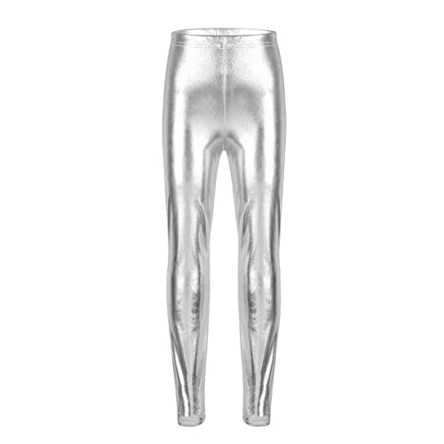 FEESHOW Kinder Mädchen Jungen Glitzer Metallic Leggings Glänzend Sport Yogahose Tights Pants für Auftritte Tanz Kostüm Silber 140 von FEESHOW