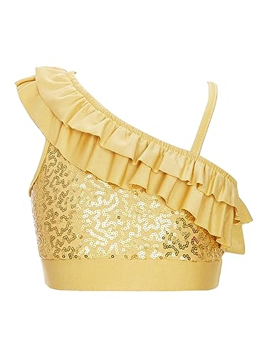 FEESHOW Kinder Mädchen Pailletten Crop Top Ärmelloses Spagehttiträger Tank Top Glitzer Shirt Bauchfrei Ballett Tanz Perfomance Oberteil Outfit Gold_B 134-140 von FEESHOW