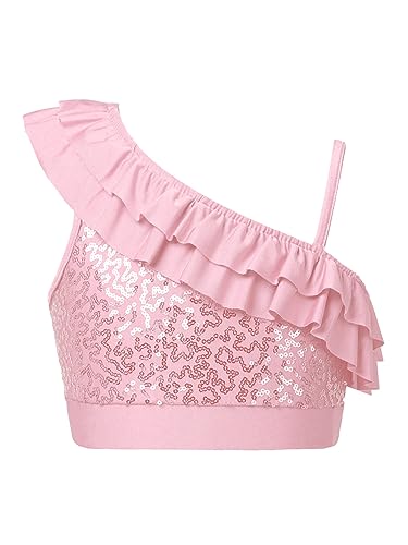 FEESHOW Kinder Mädchen Pailletten Crop Top Ärmelloses Spagehttiträger Tank Top Glitzer Shirt Bauchfrei Ballett Tanz Perfomance Oberteil Outfit Rosa_B 122-128 von FEESHOW