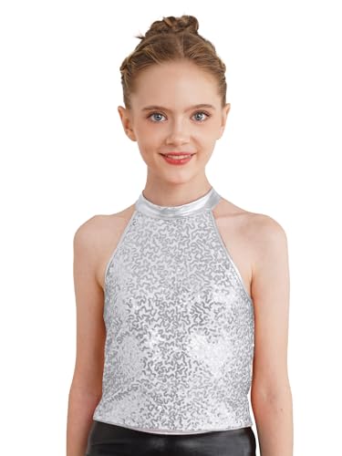 FEESHOW Kinder Mädchen Pailletten Crop Top Ärmelloses Spagehttiträger Tank Top Glitzer Shirt Bauchfrei Ballett Tanz Perfomance Oberteil Outfit Silber_E 134-140 von FEESHOW