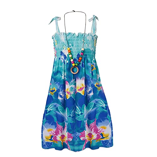 FEESHOW Kinder Mädchen Sommerkleid Boho Strandkleid Spaghettiträger Blumen Regenbogen Kleider mit/Ohne Halskette Casual Urlaub Outfit Blau_C 122-128 von FEESHOW