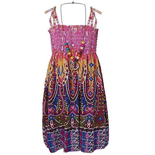 FEESHOW Kinder Mädchen Sommerkleid Boho Strandkleid Spaghettiträger Blumen Regenbogen Kleider mit/Ohne Halskette Casual Urlaub Outfit Lila_C 122-128 von FEESHOW