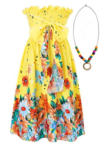 FEESHOW Kinder Mädchen Sommerkleid Boho Strandkleid Spaghettiträger Blumen Regenbogen Kleider mit/Ohne Halskette Casual Urlaub Outfit O 128-134/8-9 Jahre von FEESHOW