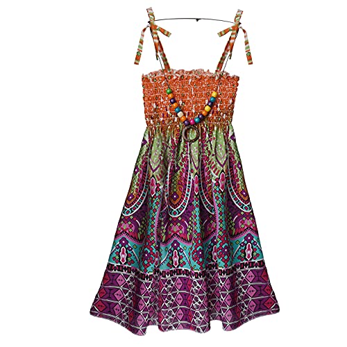 FEESHOW Kinder Mädchen Sommerkleid Boho Strandkleid Spaghettiträger Blumen Regenbogen Kleider mit/Ohne Halskette Casual Urlaub Outfit Orange_C 122-128 von FEESHOW