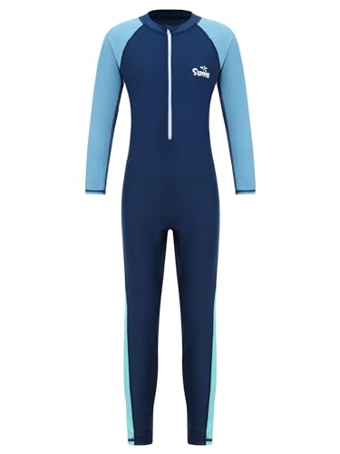 FEESHOW Kinder Jungen Mädchen Neoprenanzug Lang Einteiler Bademode Langarm UPF 50+ Schwimmanzug zum Surfen Schnorcheln Marineblau 170 von FEESHOW