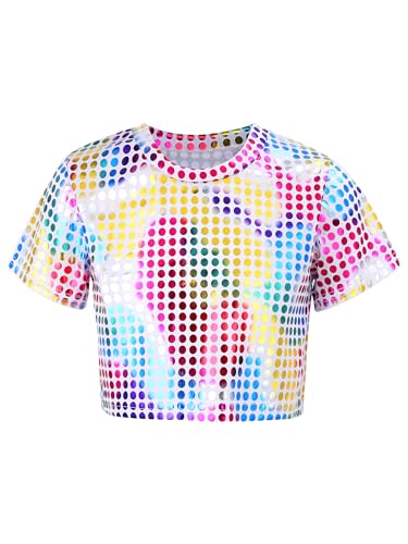 FEESHOW Kinder Pailletten Oberteil Jungen Mädchen Glänzend Glitter T-Shirt Kurzarm Crop Top Unterhemd Rundhals Party Show Tanzkleidung A_Bunt 170-176/15-16 Jahre von FEESHOW