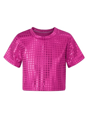 FEESHOW Kinder Pailletten Oberteil Jungen Mädchen Glänzend Glitter T-Shirt Kurzarm Crop Top Unterhemd Rundhals Party Show Tanzkleidung A_Hotpink 116-122/6-7 Jahre von FEESHOW