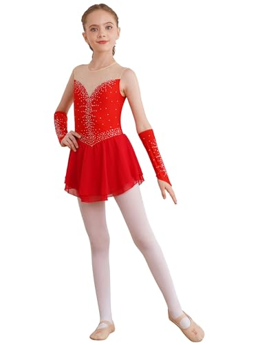 FEESHOW Mädchen Eiskunstlauf Kleider Ärmellos Glänzende Strass Ballett Tanzkleid Handschuhe Set Kinder Eislaufen Ballerina Kleid Tanzkleidung Rot_A 146-152 von FEESHOW