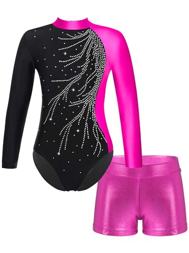 FEESHOW Kinder Gymnastikanzug Mädchen Glitzer Strass Ballett Turntrikot Gymnastik Body Shorts Set Athletic Wettkampf Trainingsanzüge Tanzoutfit Rose 134-140/9-10 Jahre von FEESHOW