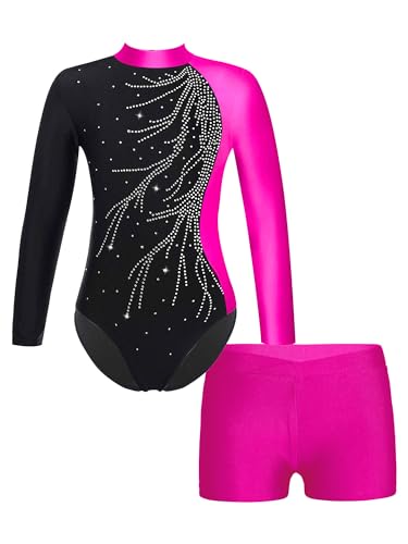 FEESHOW Kinder Gymnastikanzug Mit Hose Langarm Mädchen Glitzer Turntrikot Gymnastik Body Gymnastik Shorts Ballett Athletic Wettkampf Tanzoutfit Rose 110-116/5-6 Jahre von FEESHOW