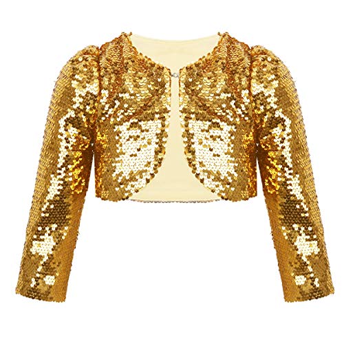 FEESHOW Mädchen Pailletten Bolero Strickjacken Glitzer Kurze Jacke Kinder Langarm Cardigan Top Oberteil für Tanz Party Hochzeit Gold 110-116 von FEESHOW