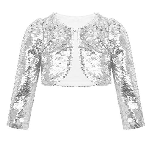 FEESHOW Mädchen Pailletten Bolero Strickjacken Glitzer Kurze Jacke Kinder Langarm Cardigan Top Oberteil für Tanz Party Hochzeit Silber 110-116 von FEESHOW