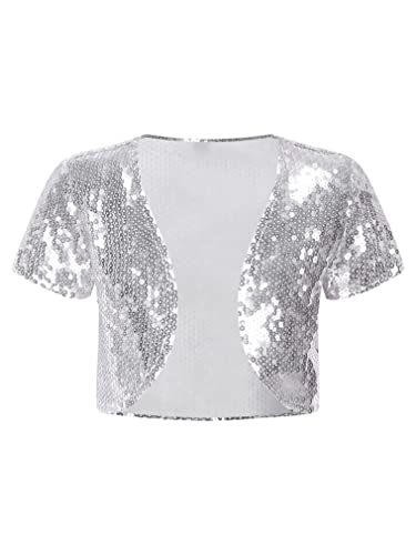 FEESHOW Mädchen Pailletten Bolero Strickjacken Glitzer Kurze Jacke Kinder Langarm Cardigan Top Oberteil für Tanz Party Hochzeit Silber_B 140-152 von FEESHOW