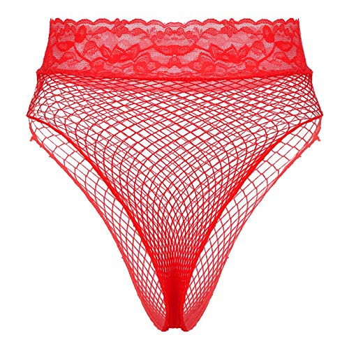 FEESHOW Transparent Slip für Damen Sexy Mesh Unterhose Panty Taillenslip mit Spitzenbund Reizvolle Unterwäsche Dessous Stretch Underwear Rot_B OneSize von FEESHOW