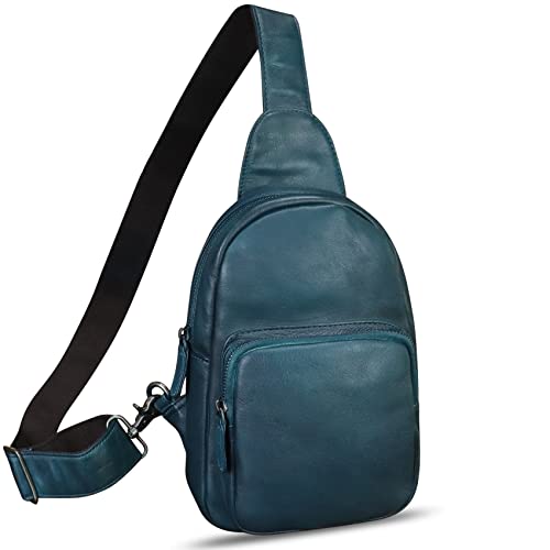 Echtleder-Schultertasche, Retro-Crossbody-Rucksack, handgefertigt, für Brust, Schulter, Tagesrucksack, Fahrradtasche, Blau, Medium, Sling Rucksäcke von FEIGITOR