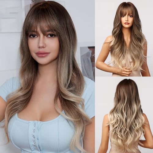 FENGQ Perücke Hellbraune Perücken, Perücke Ombre Braun mit Pony, Blonde Perücken für Damen, Ombre Blonde Lang Lockig, Natürliche Synthetische Haare für Damen Täglichen Halloween(Dunkelbraun) von FENGQ