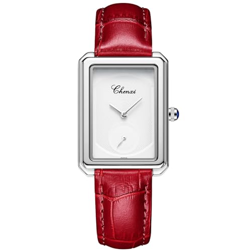 FENKOO Frauen Uhren Luxus Mode Damen Quarzuhr Wasserdicht Einfache Kreative Leder Armbanduhr Freundin Geschenk (Farbe : Rotes Silber) von FENKOO