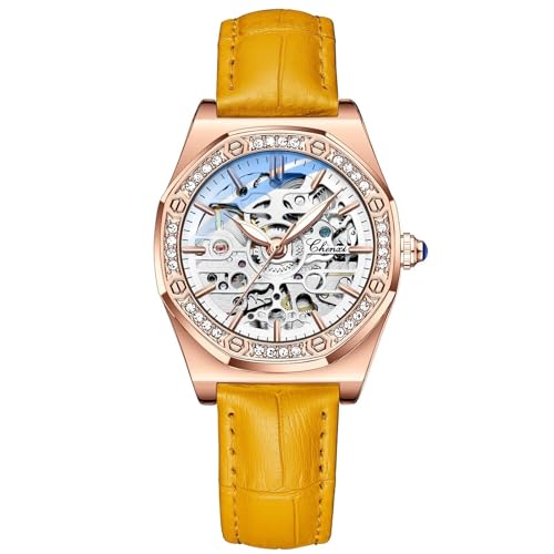 FENKOO Hohle vollautomatische mechanische Damenuhr, modische Diamant-Stahlband wasserdichte leuchtende Uhr (Farbe : Orange) von FENKOO