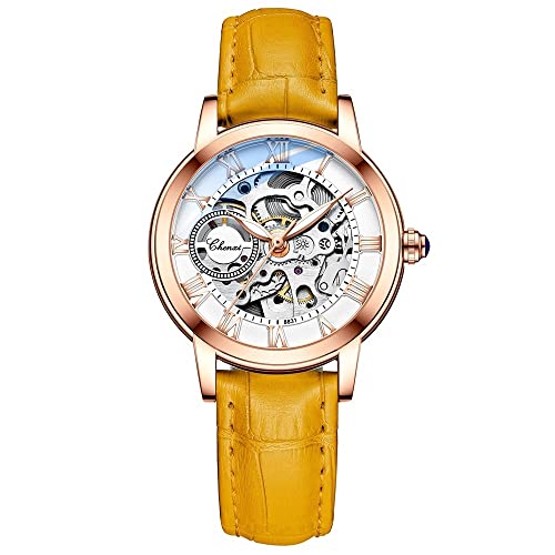 FENKOO Lässige Damenuhr Gürtel Rose Gold Shell leuchtende wasserdichte automatische Skelett mechanische Uhr (Farbe : Orange) von FENKOO