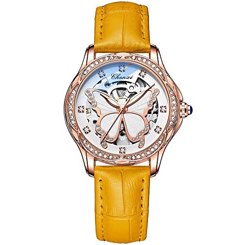 FENKOO Mode Damen Automatik Mechanische Uhr Rose Gold Schmetterling Zifferblatt Leuchtend Diamant wasserdichte Uhr (Farbe : Orange) von FENKOO