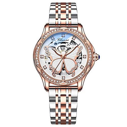 FENKOO Mode Damen Automatik Mechanische Uhr Rose Gold Schmetterling Zifferblatt Leuchtend Diamant wasserdichte Uhr (Farbe : Silber) von FENKOO