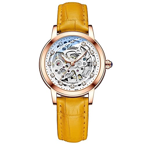 FENKOO Mode Damenuhr Gürtel Diamant Wasserdicht Automatik Skelett Mechanische Uhr (Farbe : Orange) von FENKOO