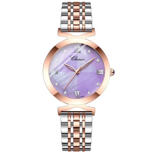 FENKOO Mode Quarz Rose Gold Frauen Uhr wasserdichte Damen Edelstahl Einfache Armbanduhren Luxus Kleid Weibliche Uhr (Farbe : Rosegold Lila) von FENKOO