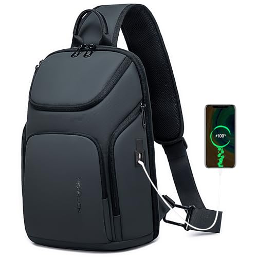 FENRUIEN Graue Schultertasche, leichte Umhängetasche mit USB, Sling-Rucksack, Schultertasche, Brusttasche, für Herren, lässiger Rucksack für Tagesrucksack/Wandern/Reisen/Sport, GRAU, Small von FENRUIEN