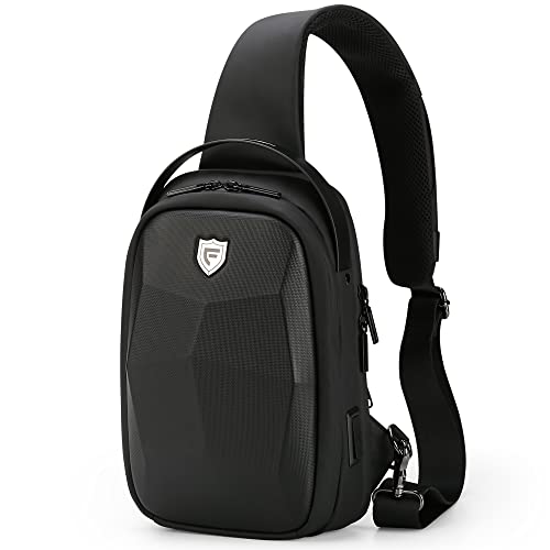 FENRUIEN Hartschalen-Schultertasche für Herren, wasserabweisend, Crossbody-Rucksack mit USB-Anschluss, schwarze Brusttasche für Reisen/Alltag, Schwarz, Sling Rucksäcke von FENRUIEN