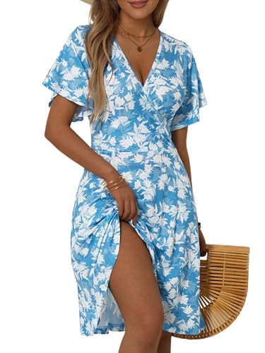 FENSACE Damen-Sommerkleid, Sommerkleid, Blumenmuster, kurzärmelig, Wickelkleid, V-Ausschnitt, A-Linie, Blau-weißes Blumenmuster, 52, X-Groß FENSACE Damen-Sommerkleid, Sommerkleid, Blumenmuster, kurzärmelig, Wickelkleid, V-Ausschnitt, A-Linie, Blau-weißes Blumenmuster, 52, X-Groß von FENSACE