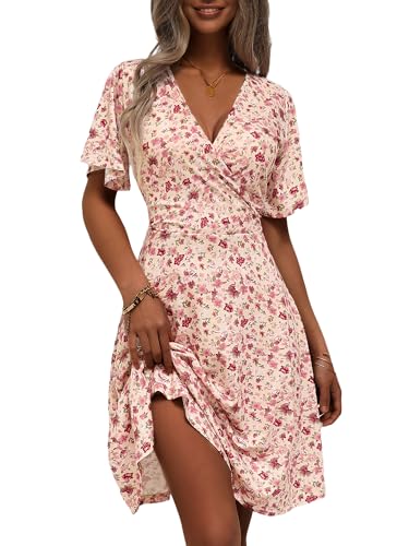 Fensace Damen-Sommerkleid, Sonnenkleid, Blumenmuster, kurzärmeliges Wickelkleid, V-Ausschnitt, A-Linie, Groß Fensace Damen-Sommerkleid, Sonnenkleid, Blumenmuster, kurzärmeliges Wickelkleid, V-Ausschnitt, A-Linie, Groß von FENSACE