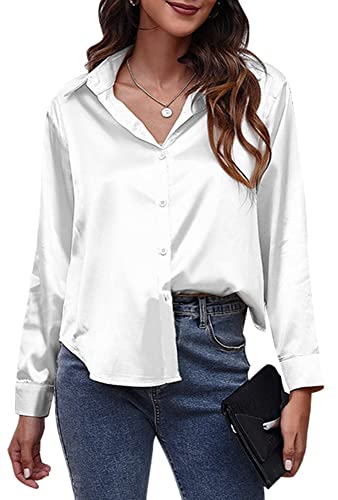 Damen Bluse Elegant Langarmshirt Oberteil Locker Hemd Shirts Satin Business M Weiß von FEOYA