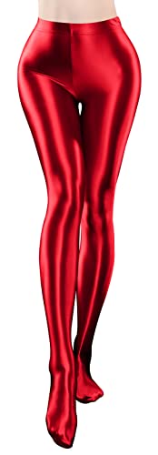 Damen Wetlook Footed Leggings Metallic Tanz Strumpfhose Glänzende Leggings Schimmer Hose Glitzer Strumpfhosen, Rot/Ausflug, einfarbig (Getaway Solids), X-Large von FEOYA