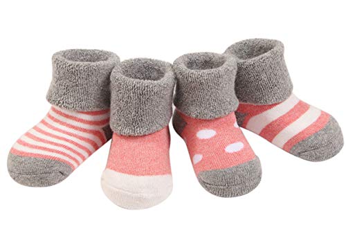 FEOYA- 0-36 Monate Babysocken Dick Warm Babysöckchen Herbst Winter Kindersocken Rutschfest 4 Paar Socken Set mit verschiedenen Mustern - Pink - S von FEOYA