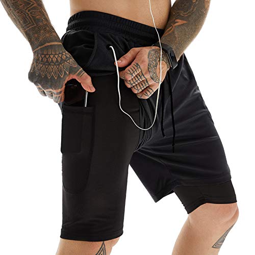 FEOYA 2 in 1 Shorts Herren Schwarz, Sport Shorts Herren, Sporthose Herren Kurz Mit Tasche, Sommer Shorts Herren, Kurze Trainingshose Herren, Laufhose Herren Kurz Running Shorts XL von FEOYA