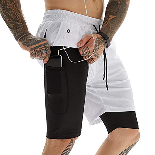 FEOYA 2 in 1 Shorts Herren Weiß, Sport Shorts Herren, Sporthose Herren Kurz Mit Tasche, Sommer Shorts Herren, Kurze Trainingshose Herren, Laufhose Herren Kurz Running Shorts XL von FEOYA