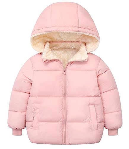 FEOYA Baby Daunenjacke Kindermantel Winter Gefüttert Mädchen Leichte Jacke Mit Abnehmbarer Mütze Geeignet Für Kinder und Jungen Drucken Kleidungsset Warme Kurze Baumwolljacke Coat Rosa 1 von FEOYA